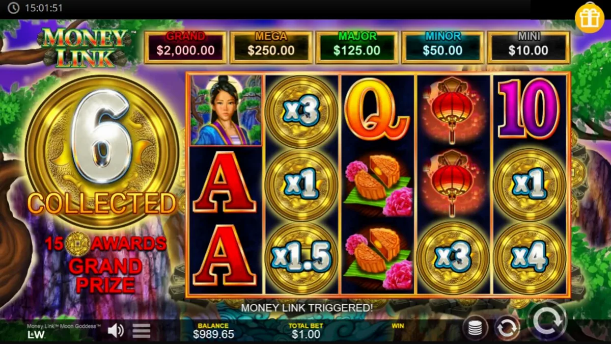Interface do jogo Money Link Moon Goddess com elementos temáticos lunares